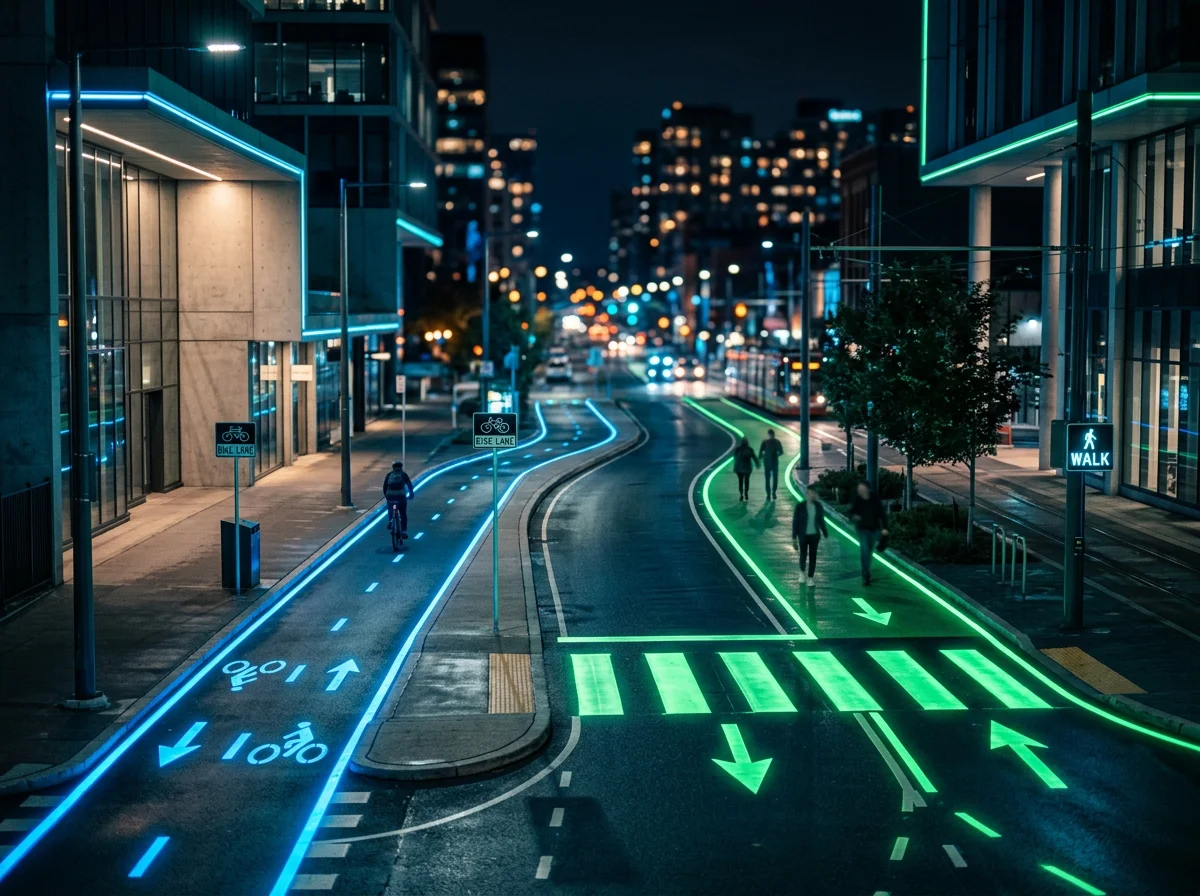 Balizamiento luminiscente en el suelo para senderos peatonales y carriles bici, visible en la oscuridad