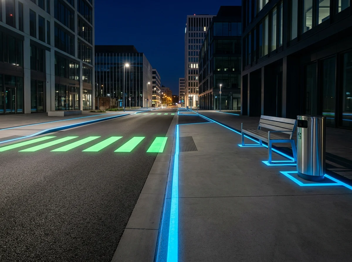 Hormigón impreso con gravilla luminiscente, revelando un recorrido por la noche